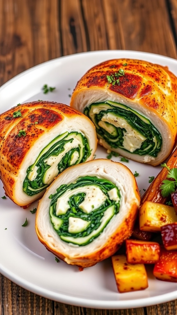 Stuffed chicken breast with spinach and feta, garnished with herbs, accompanied by roasted vegetables on a rustic table.